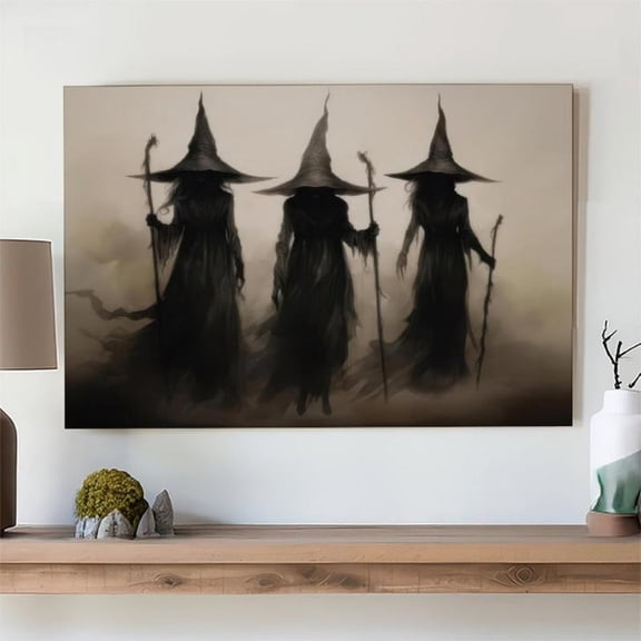 Gothic Witch Silhouette Canvas Wall Art Ready to Hang for Home Office and Living Room