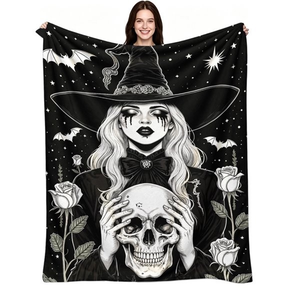Gothic Witch Skull White Rose Bat Print, Soft Cozy Warm Flannel Fleece, Mysterious Dark, Throw Blanket, Unique, Witchy, for Sofa Bed Living Room Art Lover