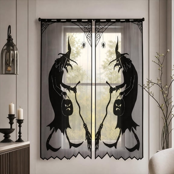 Gothic Witch SpiderWeb Print Sheer Window Curtains, Black Silhouette Halloween Transparent Drapes, Indoor Decor For Kitchen, LivingRoom, Halloween Party Decoration