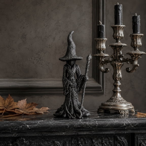 Gothic Witch Statue 7.2 Inch Resin Wizard Figurine with Staff, Halloween Tabletop Decor