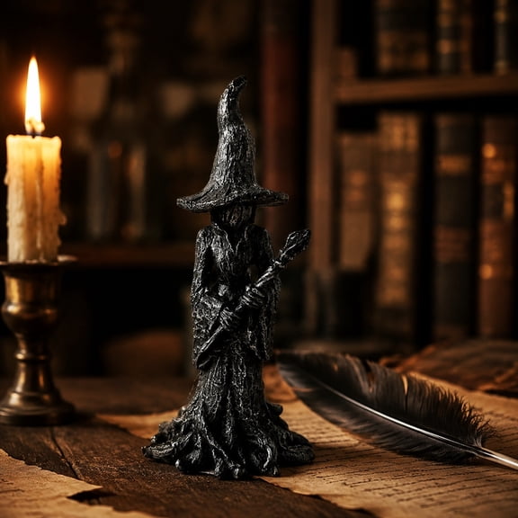 Gothic Witch Statue – 7.2 Inch Resin Wizard Figurine with Staff, Halloween Tabletop Decor