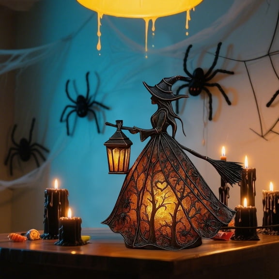 Gothic Witch Statue with Light Up Lantern, Black Halloween Tabletop Decor for Home Porch Party, USB Powered Decorative Lamp for Shelf Mantel Display