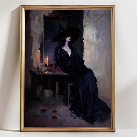 Live Art Roses Gothic Witch Wall Art Print, Dark Feminine Candlelit Scene With Roses ...