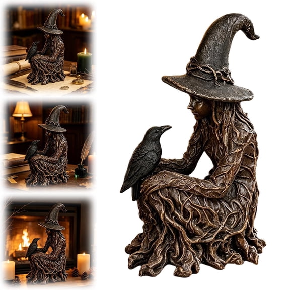 Gothic Witch and Raven Resin Statue, TreeRoot Textured Witch Figurine, Mystical Tabletop Ornament for Dark Academia, Halloween Altar & Home Decor