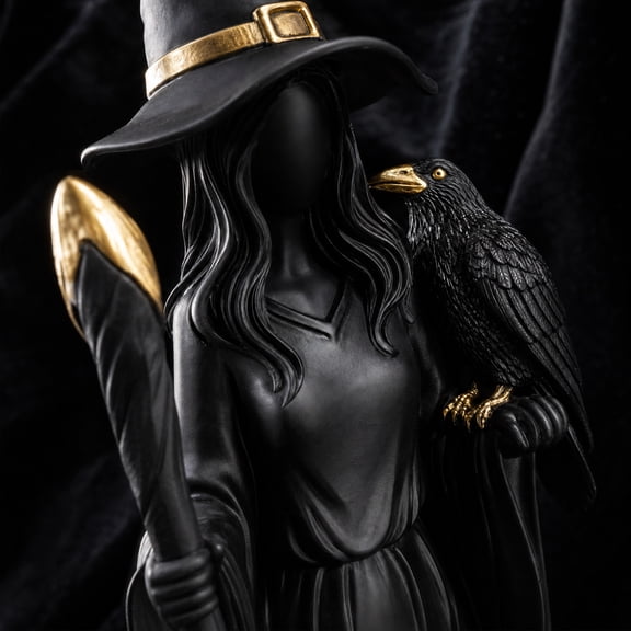 Gothic Witch with Raven Resin Statue Halloween Black Gold Accent Sculpture for Home & Office Display