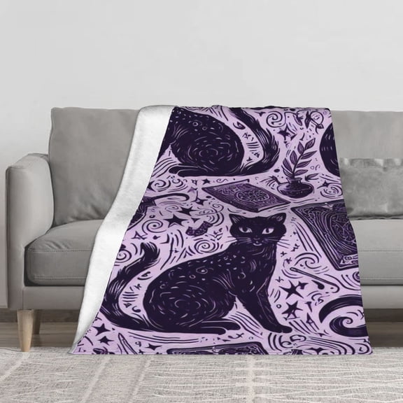 Gothic Witchy Black Cat Flannel Throw Blanket, Vintage Woodcut Print Tarot Cards Witch Hat Moon Star Magic Herb Purple Background Cozy Soft Fleece Blanket for Sofa Bed Halloween Gothic Home Decor
