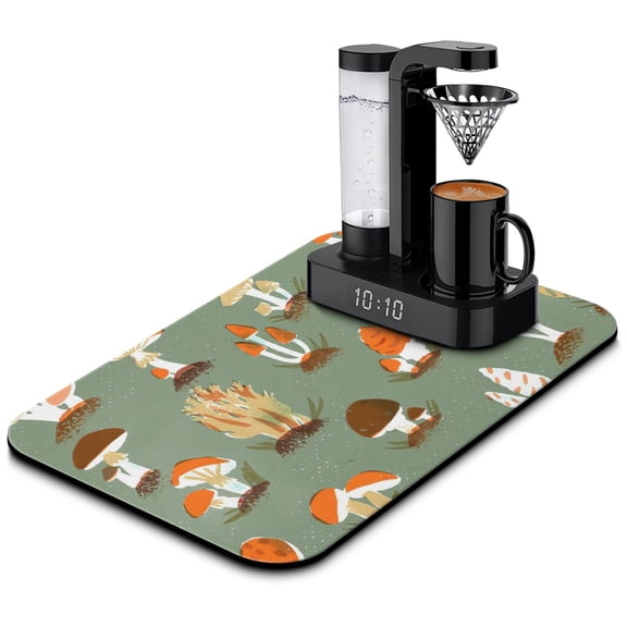Gothic Witchy Mushroom Coffee Drying Mat for Kitchen Medium 19.5x12in, Absorbent, Reversible Diatom Mud Mat with Fern Leaves Design Perfect for Draining Dishes and Gifts