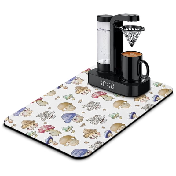 Gothic Witchy Mushroom Coffee Maker Mat 4-Layer Absorbent Drying Mat, Psychedelic Mushroom Design, Slip-Resistant Base