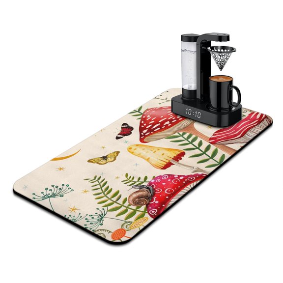 Gothic Witchy Mushroom Coffee Maker Mat 4-Layer Absorbent Drying Mat, Psychedelic Mushroom Design, Slip-Resistant Base