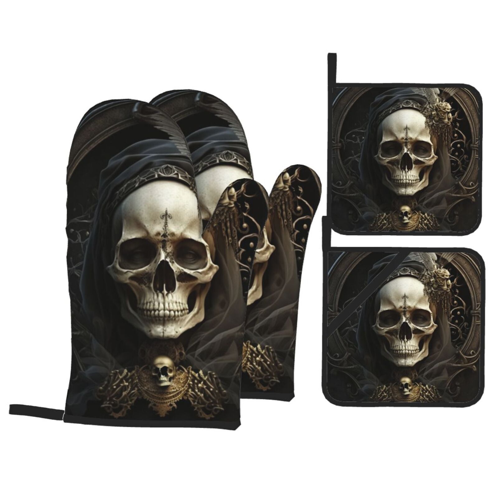 Gothic Witchy Skull Black 4Pcs Oven Mitts and Pot Holders Sets Oven Kitchen Gloves Hot Pads for Cooking BBQ Baking Grilling