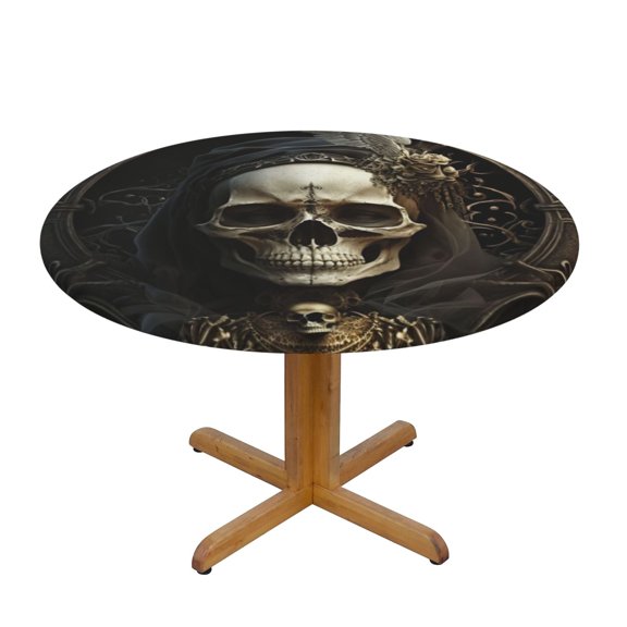Gothic Witchy Skull Black Fitted Round Tablecloth 90cm with Elastic Edge, Waterproof Table Cover Furniture Protector for Patio, Dining Room Restaurant