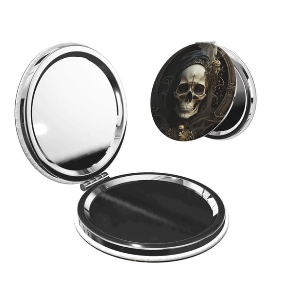 Gothic Witchy Skull Black Portable Double-Sided Face Mirror Round Shape, Magnifying Compact Pocket Mirror with PU Leather Cover