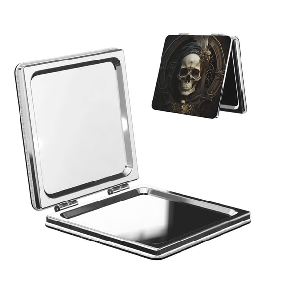 Gothic Witchy Skull Black Portable Double-Sided Face Mirror Square, Magnifying Compact Pocket Mirror with PU Leather Cover