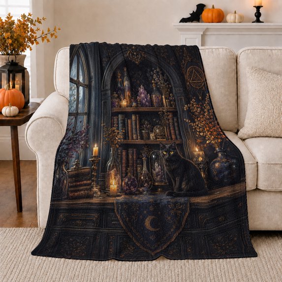 Gothic Witchy Study Scene Black Cat Alchemy Shelf, Mystical Pet Portrait Pattern, Warm Flannel Blanket for Living Room and Reading Nook, Cat Lovers Halloween Gift, Pet Lover Home Decor