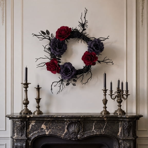 Gothic Withered Branch Rose Wreath, Artificial Dead Branch with Black Red Roses and Spider Accents, for Door Arch Wall Garden Halloween Decor, Lazyguy
