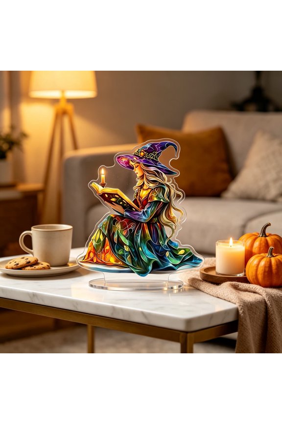 Gothic Wizard Pattern Acrylic Halloween Figurine, Flat Printed Desk Sculpture, Witch‑Craft Ornament for Bookshelf, Bedroom Spooky Layout