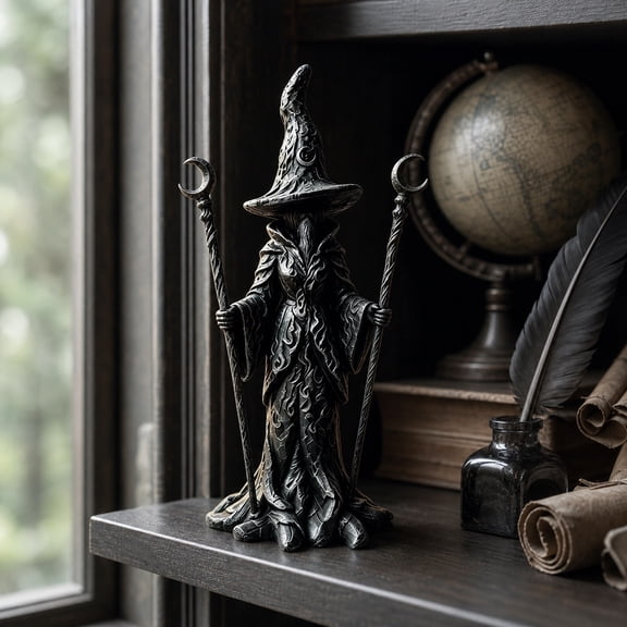 Gothic Wizard Resin Statue,Faceless Witch Figurine with Crescent Staffs,Dark Halloween Decor Sculpture for Altar,Mantel,Home Decor