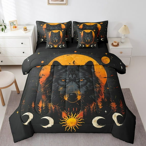 Gothic Wolf 7 Piece Comforter Set Full Bed In A Bag,Sun And Moon Stars Bedding Sets Goth Woodland Animals Sheet Set With Comforter,Exotic Wildlife Boho Bed Set