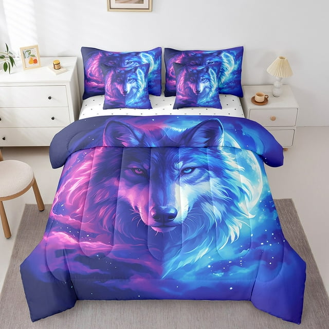 Gothic Wolf Bed in a Bag Queen Comforter Set 7 Piece Blue Purple Galaxy