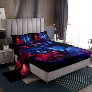 Gothic Wolf Bed Sheets Set Red Blue Fog Twin Sheet Set,Goth Woodland Animals Sheets Exotic Wildlife Fitted Sheet,Boho Room Decor