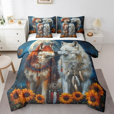 Gothic Wolf Bedding Set Twin Size Dream Catchers Comforter Set Boho Sunflowers Floral Bed In A Bag Exotic Bohemian Sheet Set with Comforter Blue Galaxy Bed Set