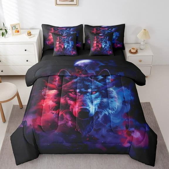 Gothic Wolf Comforter Set 7 Piece Bed in a Bag Twin,Red Blue Fog Bedding Sets Goth Woodland Animals Sheet Set With Comforter,Exotic Wildlife Boho Bed Set