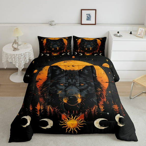 Gothic Wolf Comforter Set Sun and Moon Stars Quilt,Goth Woodland Animals Twin Bedding Sets ,Exotic Wildlife Duvet Insert,Boho Bedroom Decor