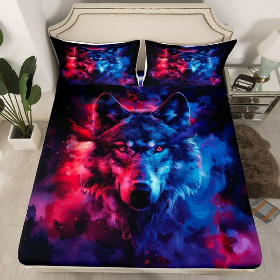 Gothic Wolf Fitted Sheet Red Blue Fog Twin Bed Sheets,Goth Woodland Animals Sheets Exotic Wildlife Bedding Set,Boho Room Decor,(No Top Sheet)