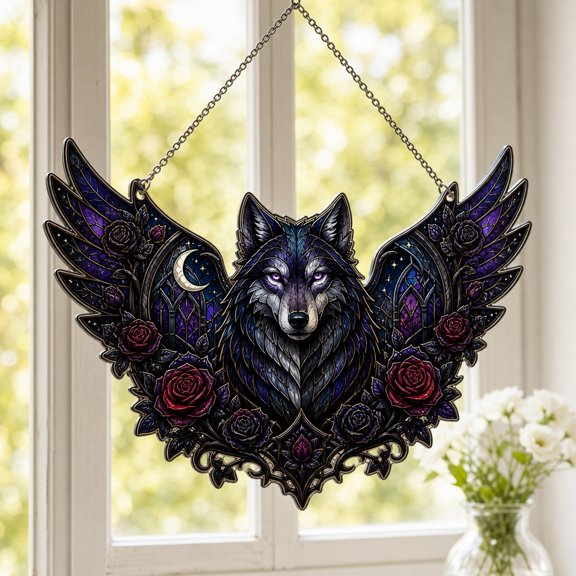 Gothic Wolf Floral Frame Suncatcher Window Accent
