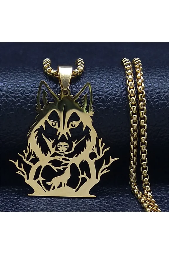 Gothic Wolf Head 14K Yellow Gold Pendant Necklace Golden Color Forest Animal Chain Necklaces Jewelry