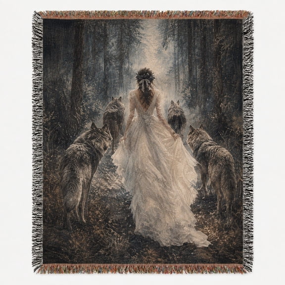 Gothic Wolf and White Gown Forest Woven Throw Blanket, 100% Cotton with Fringed Edges, Home Decor