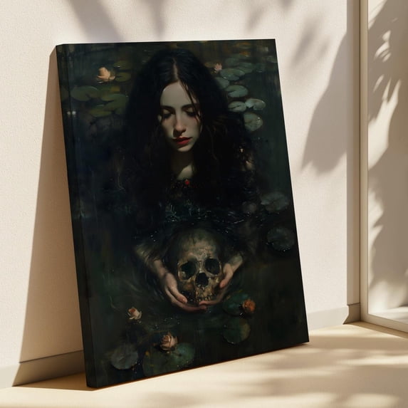 Gothic Woman Holding Skull Wall Art Print, Dark Fantasy Water Lily ...