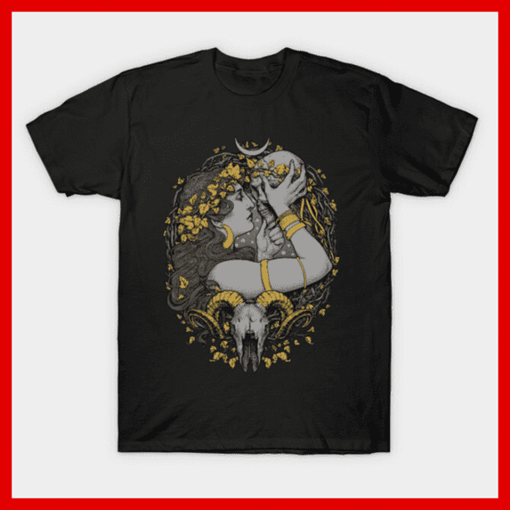Gothic Woman Skull Ram Horns Crescent Moon Dark Fantasy Art T-Shirt ...