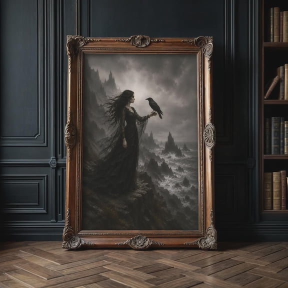 Gothic Woman With Raven Dark Fantasy Art Witchy Wall Art Moody Landscape For Dark Academia Home Decor, Unframed Poster