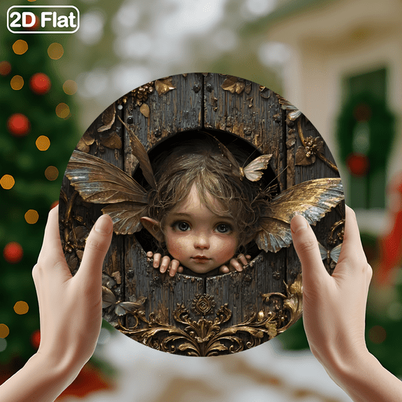 Gothic Woodland Fairy in Rustic Doorway Fantasy Decor Sign, 1pc, 8" Round Aluminum Wall Art Metal Sign, Wall Decor For Kitchen, Door, Office, Bedroom Decor, Best Gift For Room, Home Decor, Easter