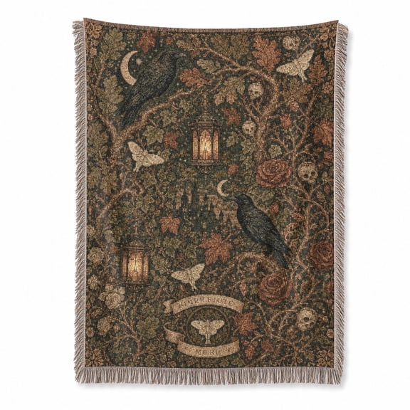 Gothic Woodland Ravens, Moths and Roses Woven Throw Blanket, Woven Cotton with Fringed Edges, Vintage Occult Style for Bedroom Decor