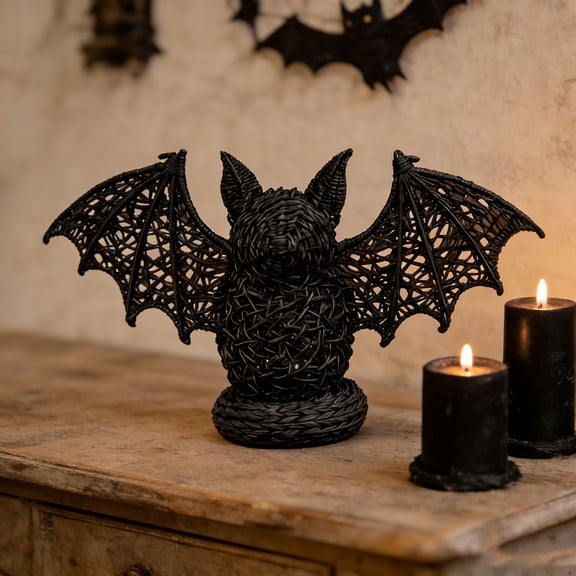 Gothic Woven Bat Figurine, 10.24x7.09in Black Rattan Style Sculpture With Spread Wings, Spooky Halloween Decor For Mantel Shelf Or Haunted House Party Accent 1