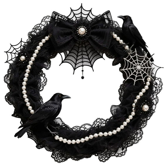Gothic Wreath for All Seasons, Halloween Wreath with Pearls Bows Crows, Black Lace Wreaths for Christmas Front Door Garden Wall Home Decor