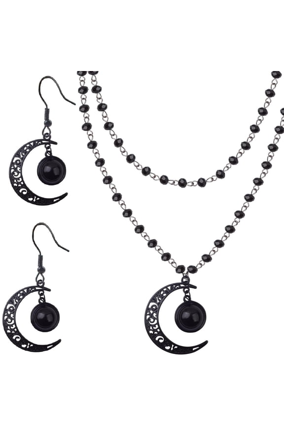Gothic Y2K Layered Crescent Moon Necklace Black Beaded Pendant Choker Chain Moon Drop Dangle Earrings  for Women Ladies Halloween Party Costume Accessories