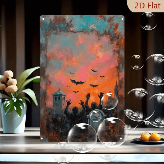 Gothic Zombie Graveyard Dusk Sunset Painting, 8x12in Metal Wall Art with Bats and City Skyline, Moody Halloween Decor for Home Office