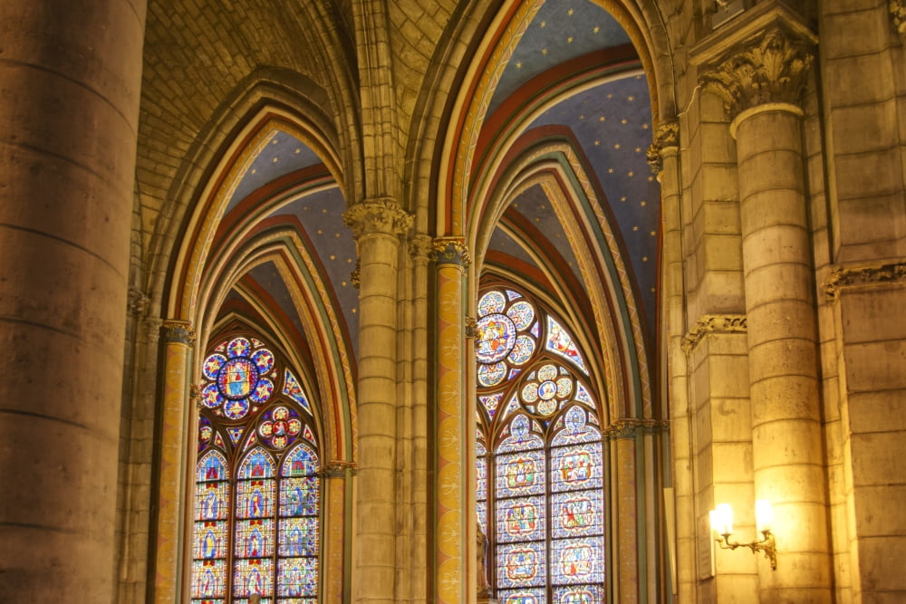 Gothic arches in cathedral Notre-Dame Paris France Canvas Art - Philippe Widling Design Pics (19 x 12)