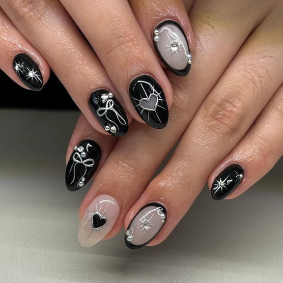 Gothic black manicure fake nail bow love y2k wearing nail nail piece short almond nail piece