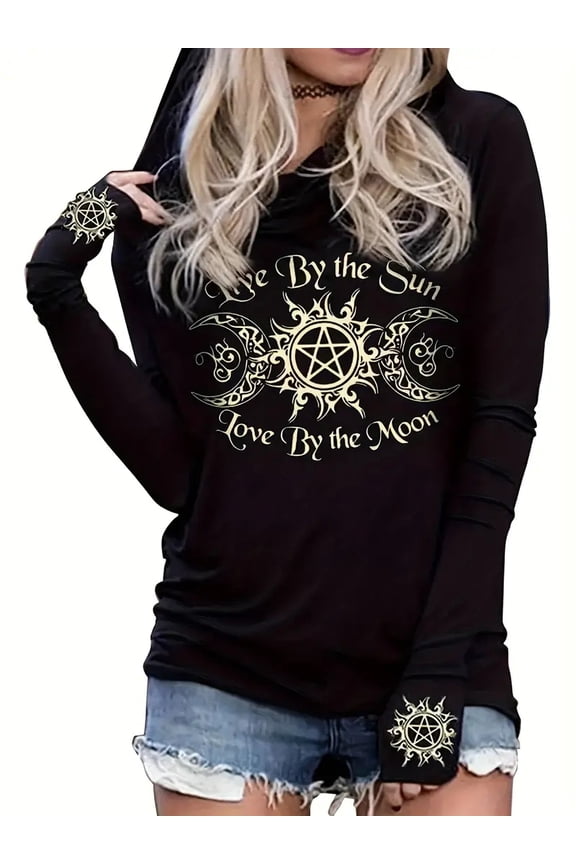 Gothic graphic print hooded T-shirt, casual long sleeve T-shirt for spring & Fall, women's clothing