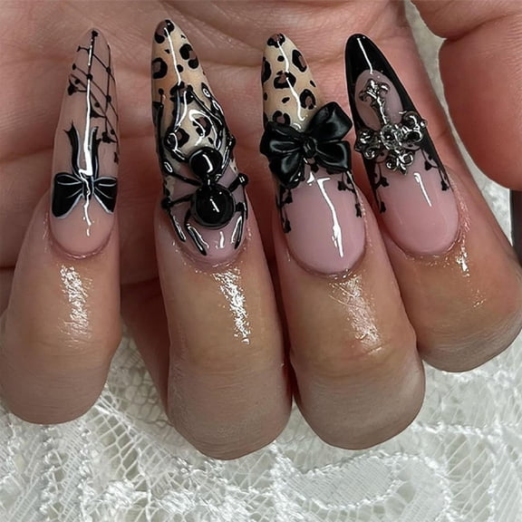 Gothic hottie wearing nail French leopard print y2k manicure fake nail three-dimensional bow spider personalized nail piece