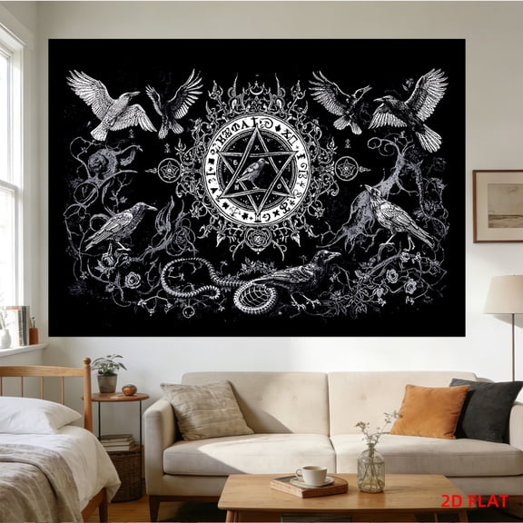 A Gothic mystery tapestry featuring ravens and pentagrams, adorned with chain details, suitable for decorating bedrooms, living rooms, and meditation spaces, creating a Gothic room aesthetic.