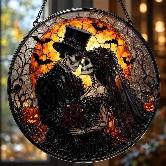 Gothic skeleton couple window hangers made of imitation glass, acrylic Halloween window decorations, skull-shaped gifts for bride and groom.
