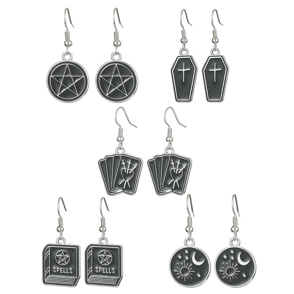 Gothic style Pentagram/Coffin/Book Dangle Earrings for Women Alloy Enamel Earring with Brass Earring Hooks Mixed Shapes 37~41x13~20mm