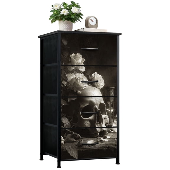 GothicDresser for Bedroom with 4 Storage Drawers Dark Gothic Scene Skull Roses Vintage Hourglass Fog Dressers Chest of Drawers Steel Framed Fabric Closet Organizers for Dorm Entryway