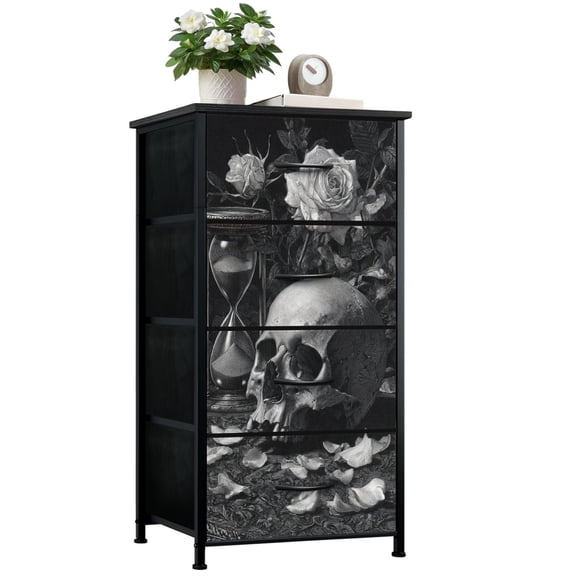 GothicDresser for Bedroom with 4 Storage Drawers Gothic Skull White Roses Cracked Hourglass Dressers Chest of Drawers Steel Framed Fabric Closet Organizers for Dorm Entryway