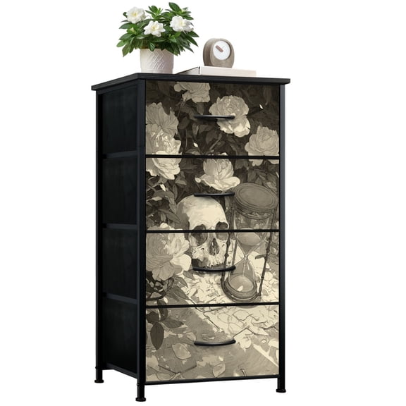GothicDresser for Bedroom with 4 Storage Drawers Moody Skull Scene Scattered Rose Petals Dressers Chest of Drawers Steel Framed Fabric Closet Organizers for Dorm Entryway